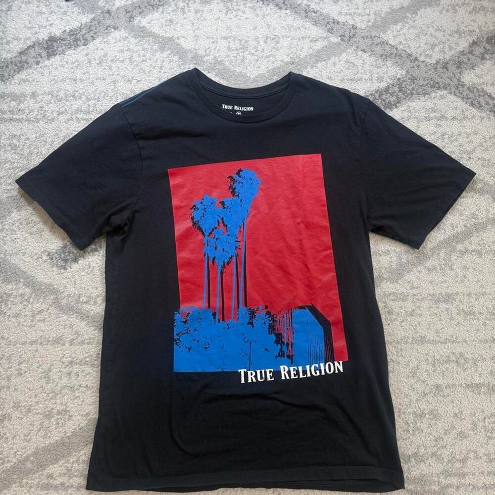 True Religion Shirt Mens Black Palm Tree Beach Graphic T-Shirt Fits like a small